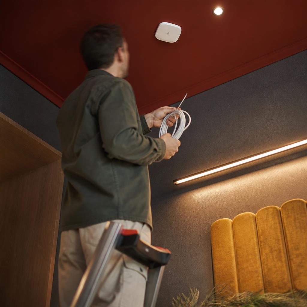Antonio Tarazona instalando un punto de acceso WiFi e iluminación LED en una vivienda