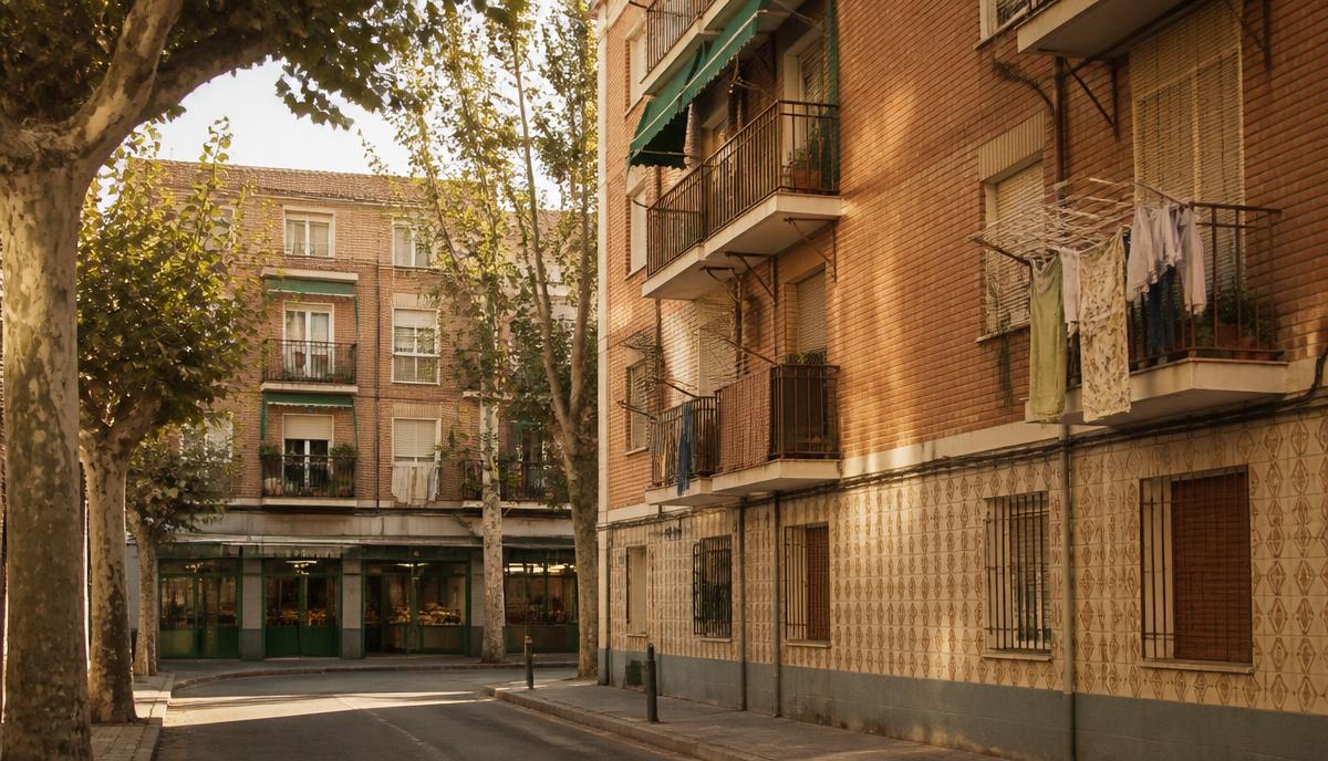 Calle de Orcasitas con bloques de ladrillo de los años setenta, balcones con toldos y tendederos