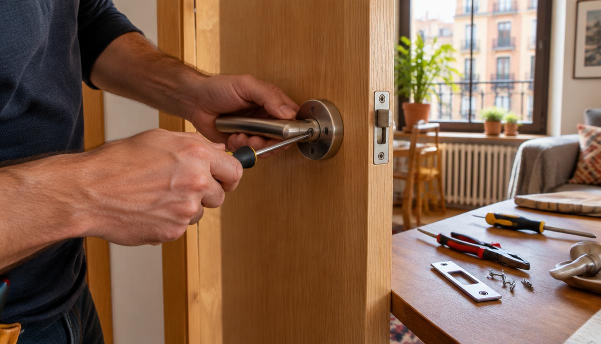 Manos de un profesional apretando con un destornillador un tirador de puerta de madera en una vivienda, con las herramientas sobre la mesa