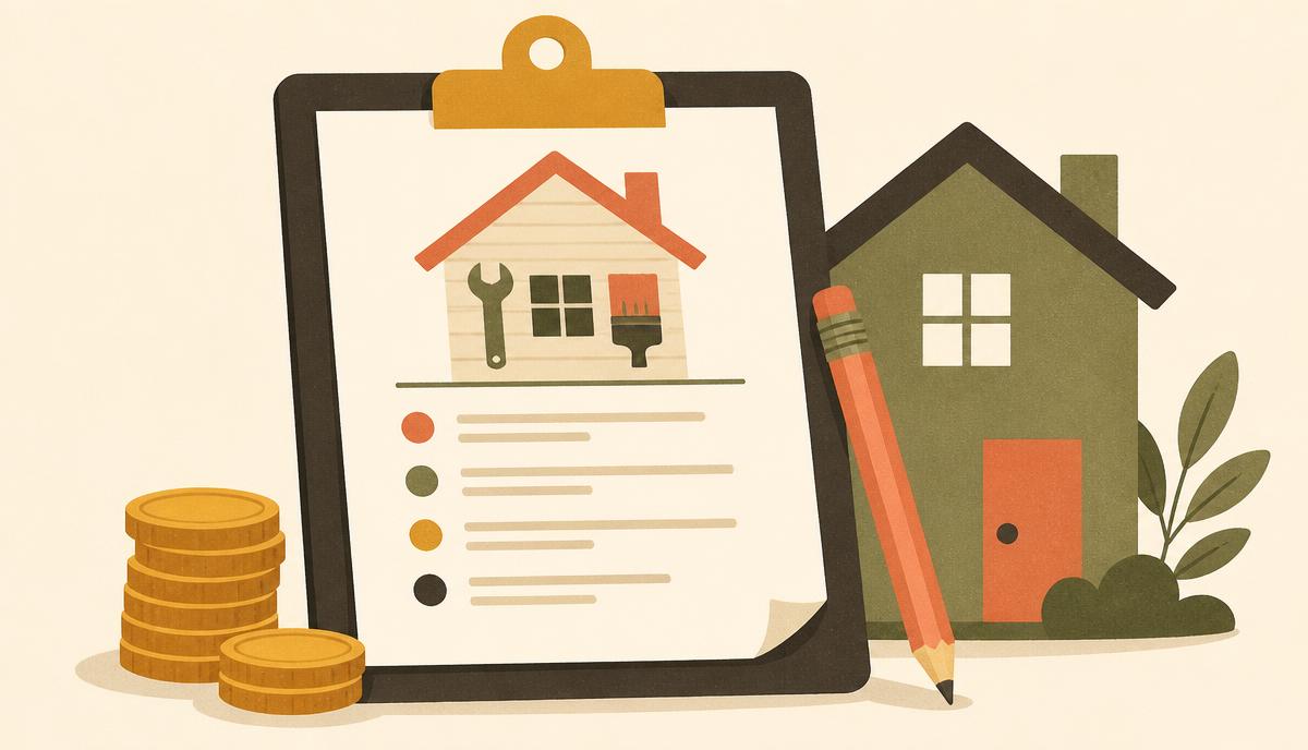 Presupuesto de reparación del hogar sobre una carpeta, con monedas y un lápiz