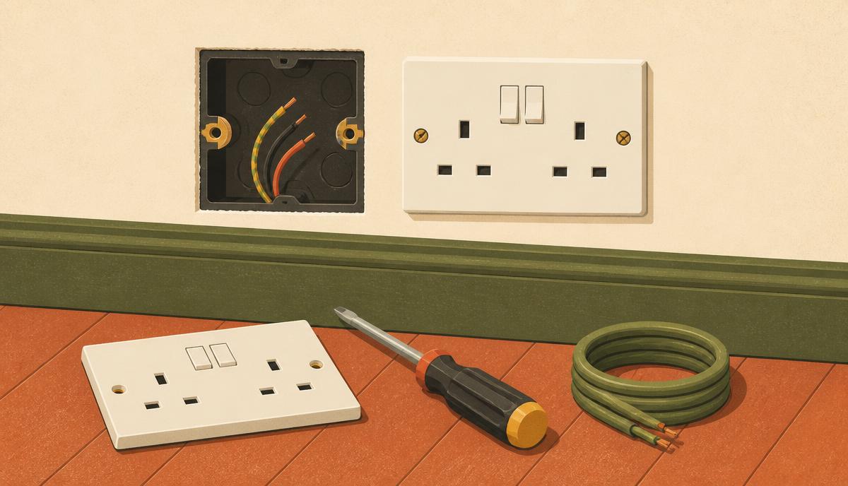 Enchufe desmontado en la pared con la caja de mecanismo y los cables a la vista