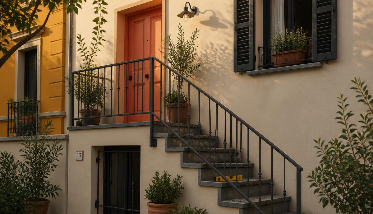 Escalera exterior de un hotelito con barandilla metálica recién repasada, pasamanos y una puerta de calle con cerradura nueva
