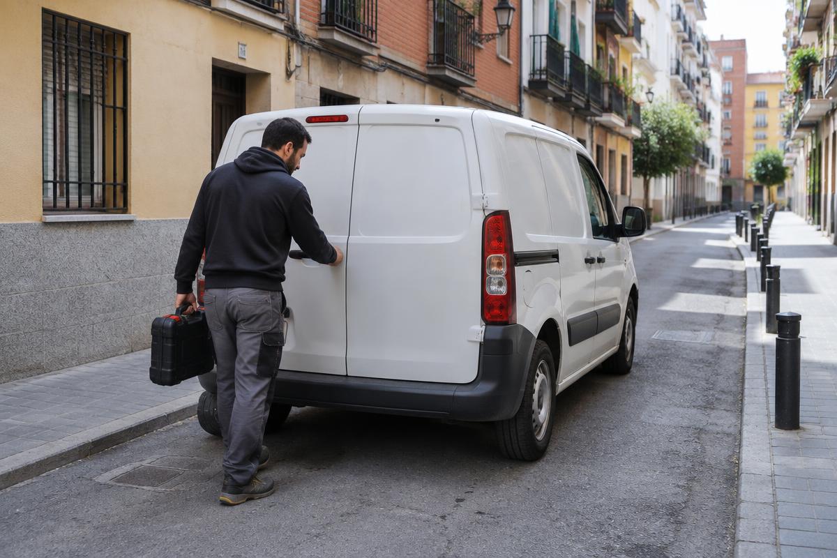 Furgoneta de servicio aparcada en una calle de bloques de viviendas del sur de Madrid
