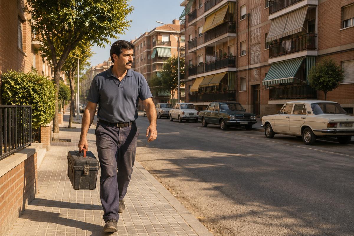 Operario con caja de herramientas en el portal de un bloque de viviendas de Madrid