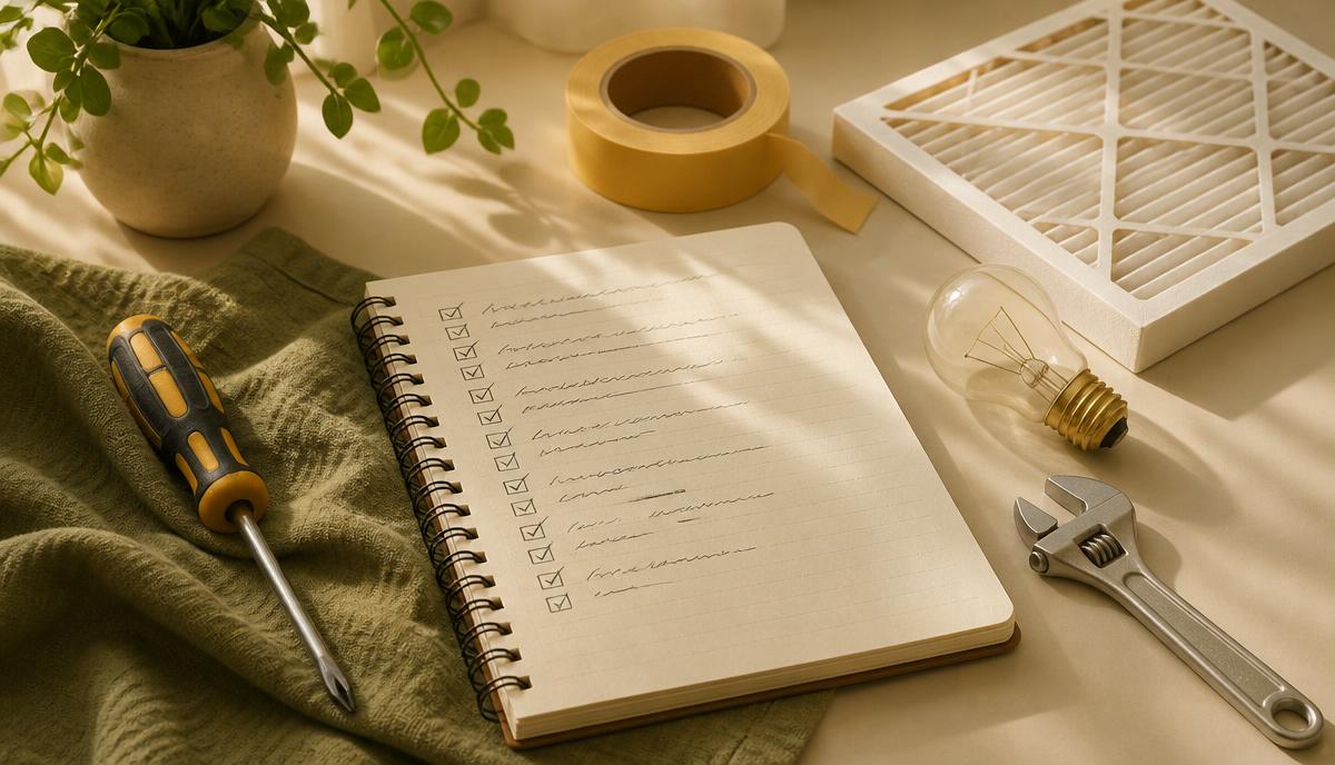 Cuaderno con una lista de revisiones junto a un destornillador, cinta, un filtro y una bombilla