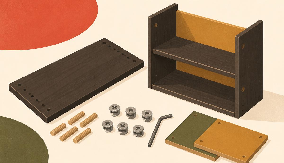 Piezas de un mueble en kit sobre el suelo: tablero, clavijas, excéntricas y llave allen