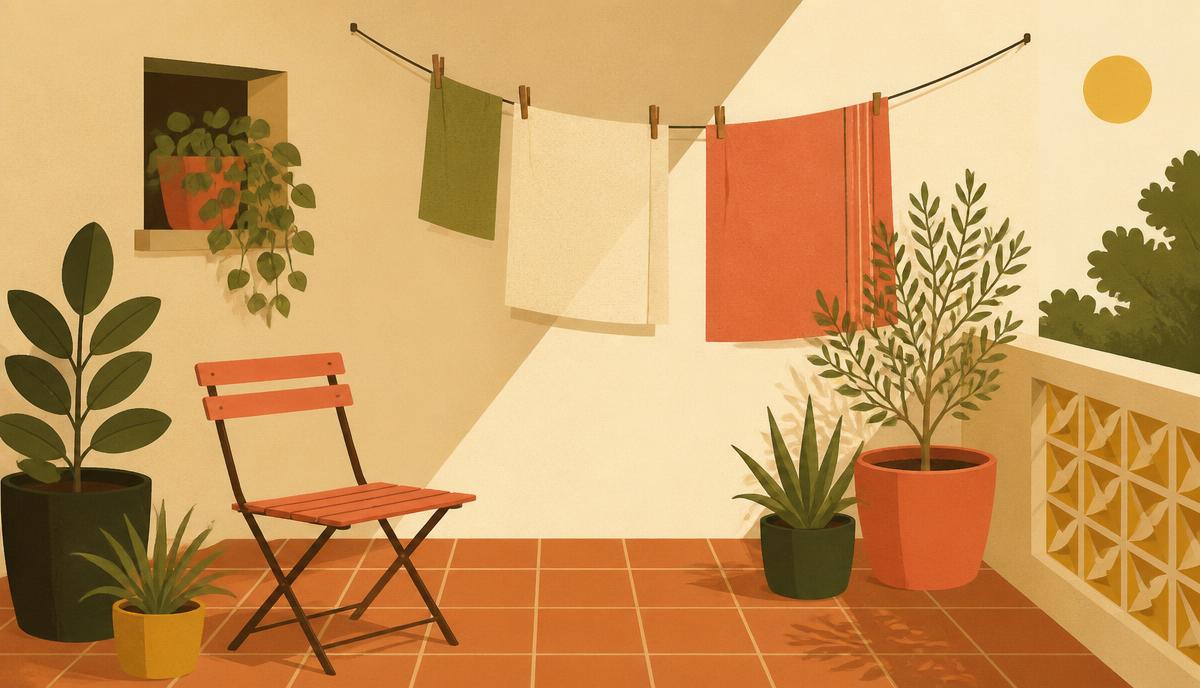 Patio interior con suelo de baldosa, tendedero, silla plegable y macetas