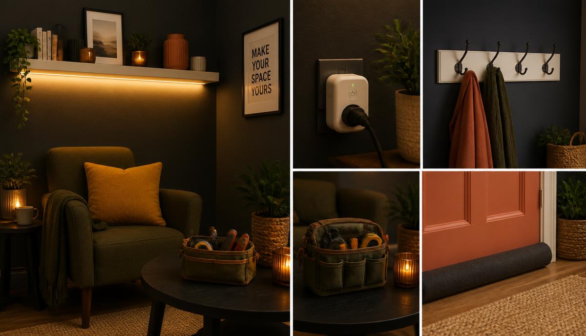 Pequeñas mejoras del hogar sobre una mesa: regleta con tapa, aplique LED, mosquitera, tope de puerta, cinta de persiana y burlete
