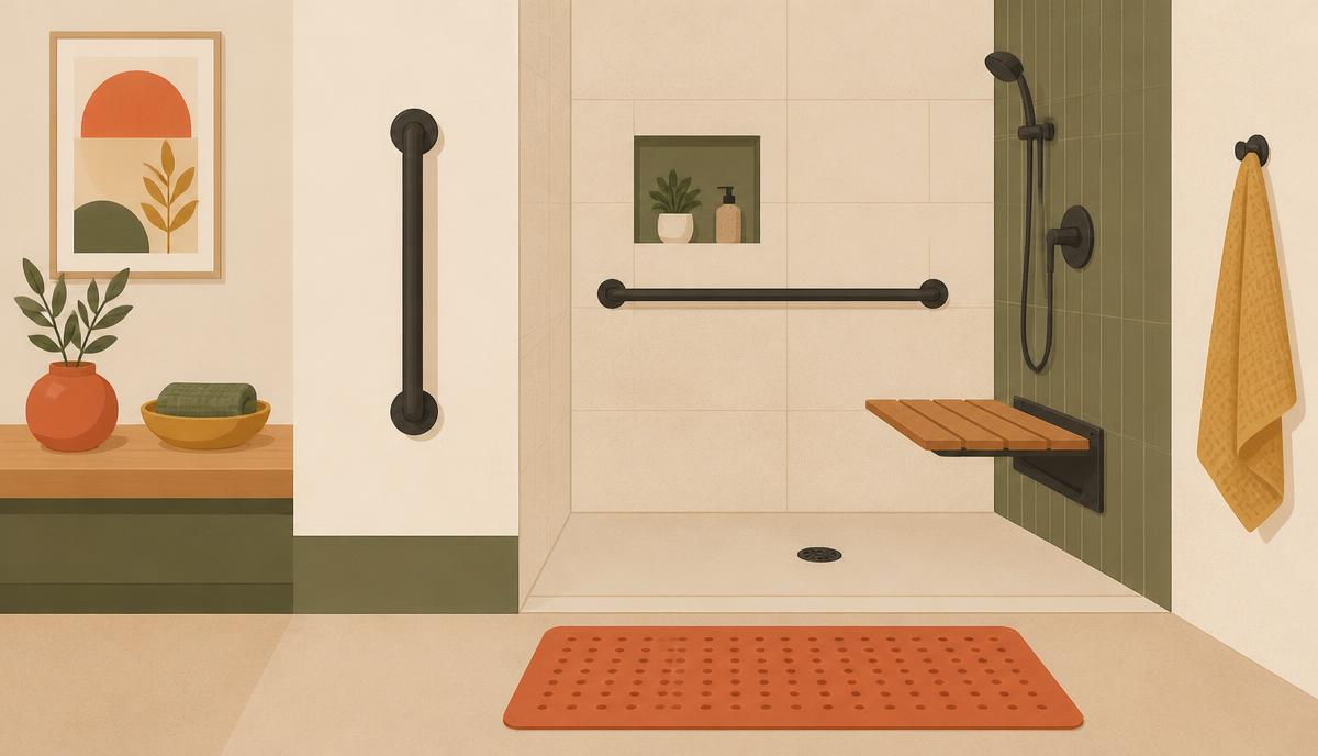 Baño adaptado con asidero de pared, ducha a nivel del suelo, asiento abatible y alfombra antideslizante