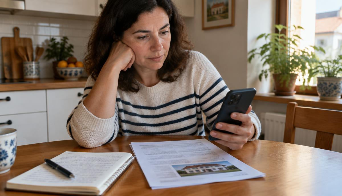 Vecina revisando en el móvil las condiciones de su seguro de hogar sentada a la mesa de la cocina