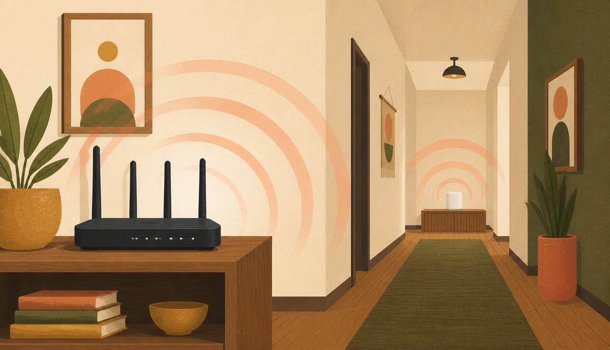 Router en un mueble con la señal extendiéndose por un pasillo hacia un segundo punto de acceso